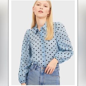 4/$20 Stradivarius Light Blue Puff Sleeve Polka Dot Button Down Shirt- size S